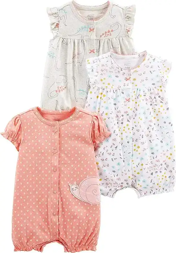 These adorable rompers with short ruffle sleeves work as a take-home outfit for the hospital and every day where once your little girl is home. Each set is a three-pack in corresponding colors and patterns.
