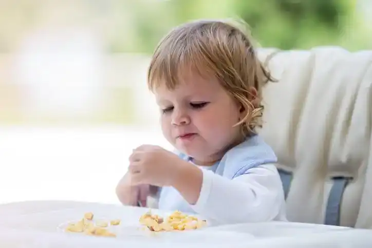 Baby boy eating his breakfast in high chair