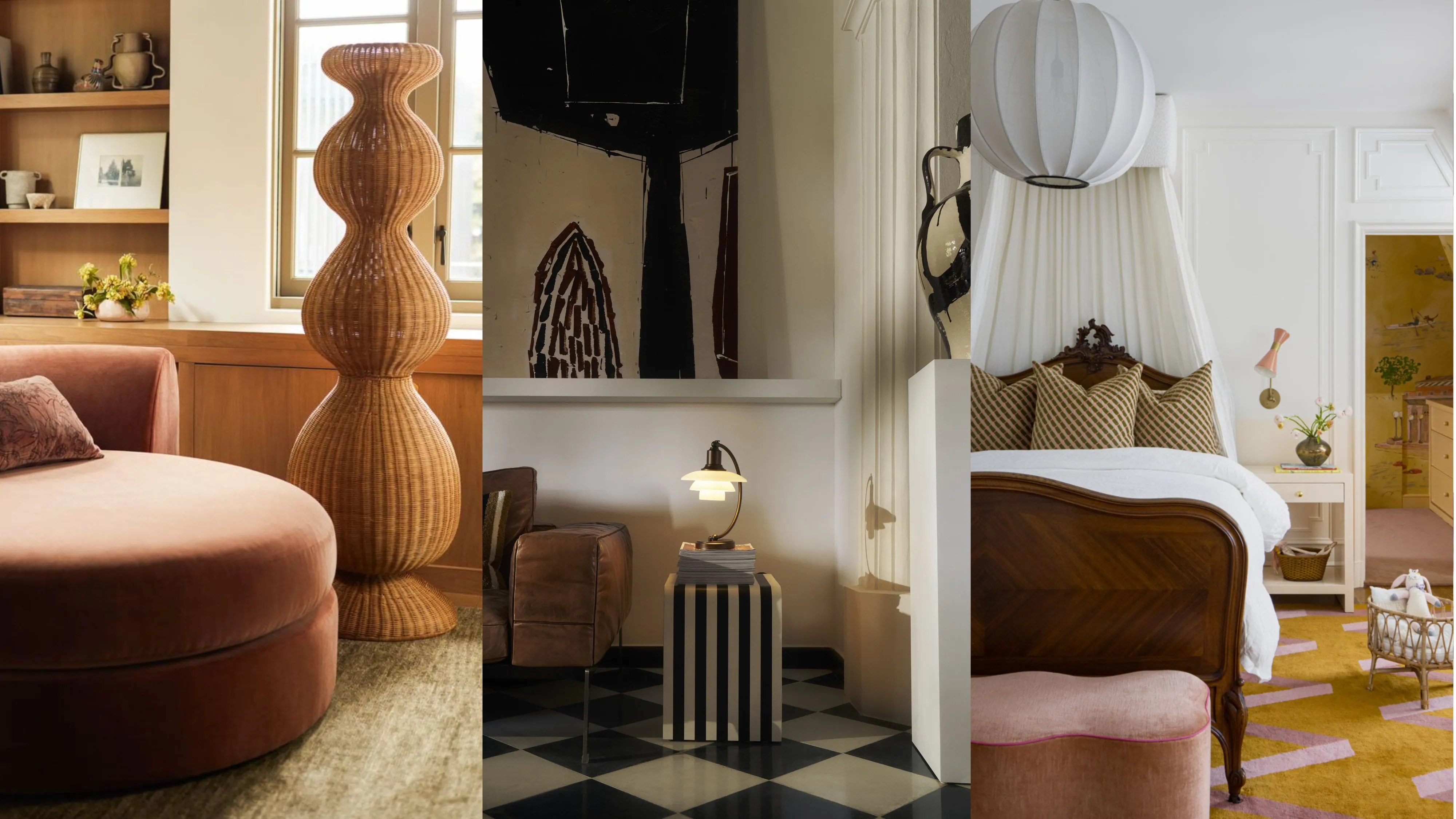 משמאל לימין: כורסת כורסה עגולה סומק-סומק היושבת לצד מנורת רצפת נצרים ארוגה-סולקורה, שחור-לבן עם סלון עם שולחן מבטא מפוספס ומנורת שולחן שכבת' loading='lazy' title=