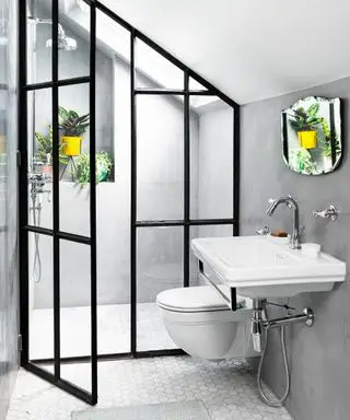 Une paroi de douche de style crittall dans une petite salle de bain avec une lucarne et un schéma pâle