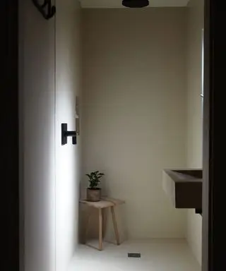 Chuveiro com acabamento em concreto com luminárias pretas e banco de madeira com planta no canto