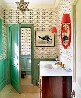 idées de couleurs de salle de bain avec papier peint à motifs et cadre de porte vert
