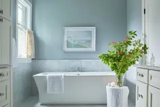 salle de bain bleue avec baignoire blanche et rideau partiel