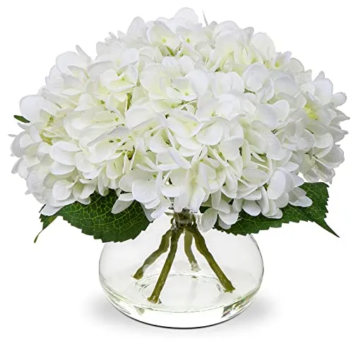 Hollyone Fleurs artificielles d'hortensia avec vase en soie blanche - Arrangements de fausses fleurs dans un vase en verre avec fausse eau pour la maison, la salle de bain, le bureau, la table, le centre de table, les décorations d'étagère' loading='lazy' title=