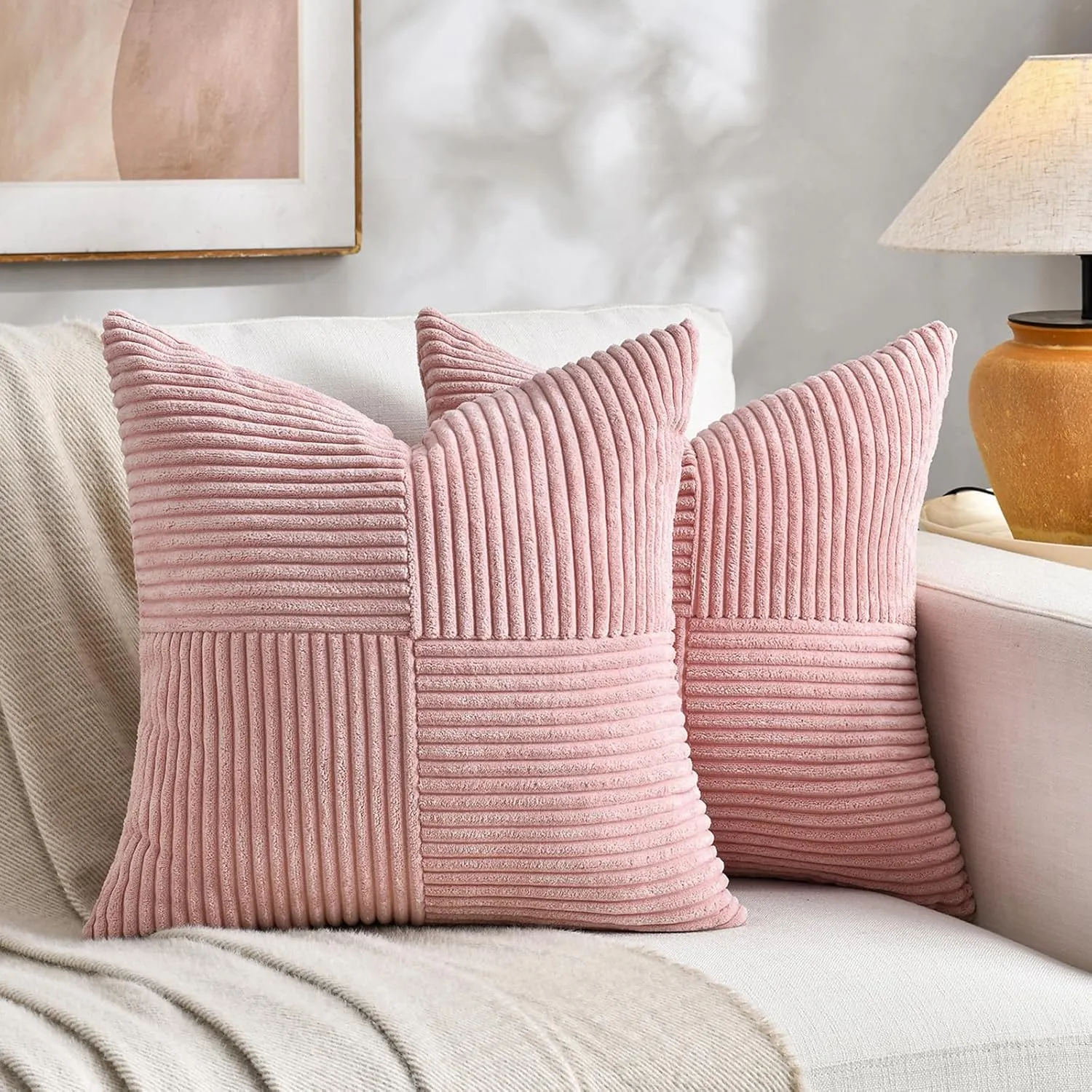 Fancy Homi Lot de 2 housses de coussin décoratives rose blush 45,7 x 45,7 cm pour salon, canapé, lit, ferme rustique, décoration d'intérieur bohème en velours côtelé doux patchwork texturé carré 45 x 45 cm' loading='lazy' title=