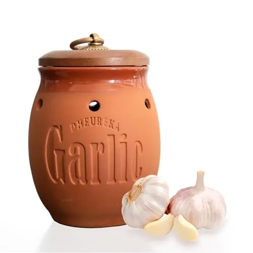 Dheureka Garde-ail avec couvercle en bois de 500 ml en argile pour garder les gousses d'ail fraîches plus longtemps, organisateur de comptoir, décoration et accessoires de cuisine de ferme, terre cuite' loading='lazy' title=