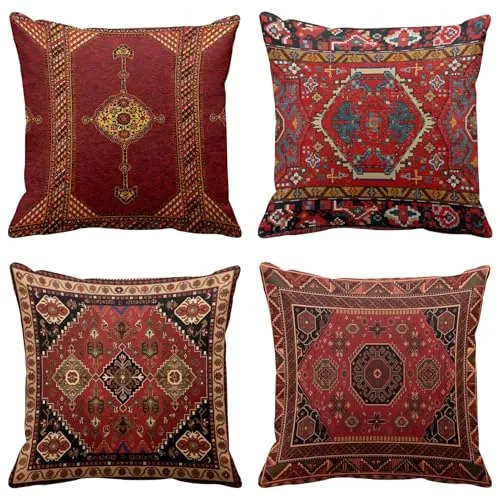Britimes Putetrekk Geometrisk Kilim Marokkansk Home Decor Sett med 4 orientalske Ikat Putetrekk Stue Dekorativ 18 X 18 tommer Pute Sofa Sofa Putetrekk Fargerike Rød Tribal' loading='lazy' title=