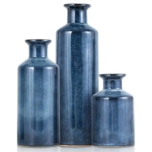 Mowtanco Lot de 3 petits vases en céramique bleue - Ferme moderne pour décoration d'intérieur - Vase rustique en terre cuite - Vases décoratifs pour table, cheminée, bibliothèque, salon' loading='lazy' title=