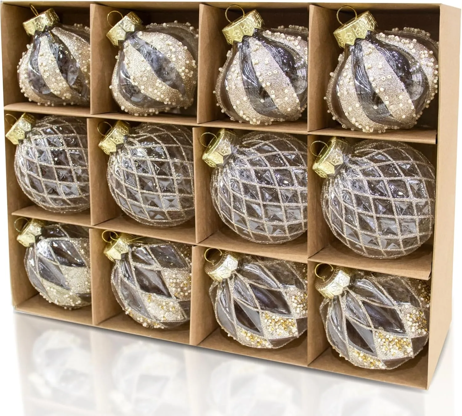 12 Pièces Boules de Noël Transparentes et Champagne 80mm/3,15 pouces Décorations de Noël de Ferme Rustique Grandes Ornements de Noël de Luxe Incassables Peints à la Main pour Mariage d'Arbre de Noël' loading='lazy' title=