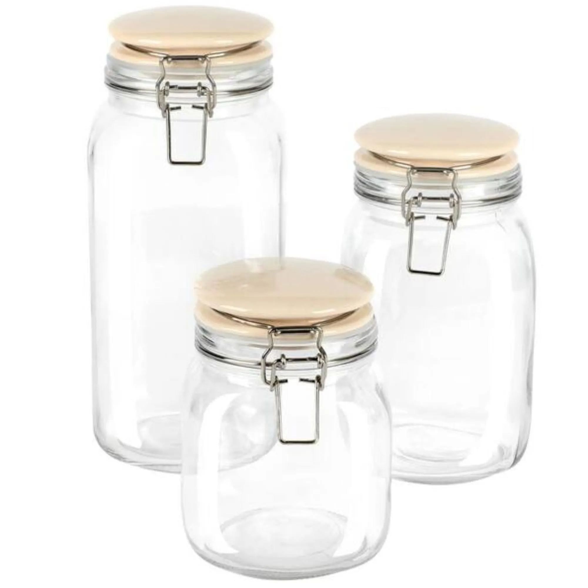 Rindleton 3-częściowy zestaw szklanych kanistrów z ceramicznymi pokrywkami w kolorze złamanej bieli' loading='lazy' title=