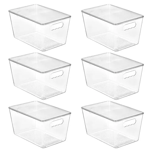Vtopmart Lot de 6 bacs de rangement empilables transparents avec couvercles, grands récipients en plastique avec poignée pour organisateur et rangement de garde-manger, parfaits pour l'organisation de placards de salle de bain, de cuisine, de réfrigérateur' loading='lazy' title=