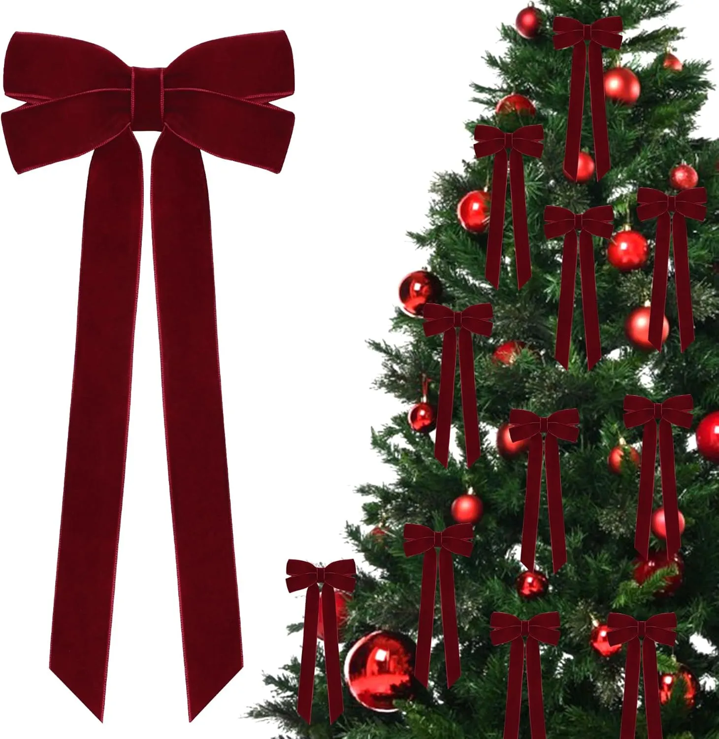 Lot de 12 nœuds en ruban de velours bordeaux pour décorations d'arbre de Noël, 12,7 x 25,4 cm, ornements de Noël pour arbre, maison, fête, porte d'entrée, guirlande, décoration de vacances.' loading='lazy' title=