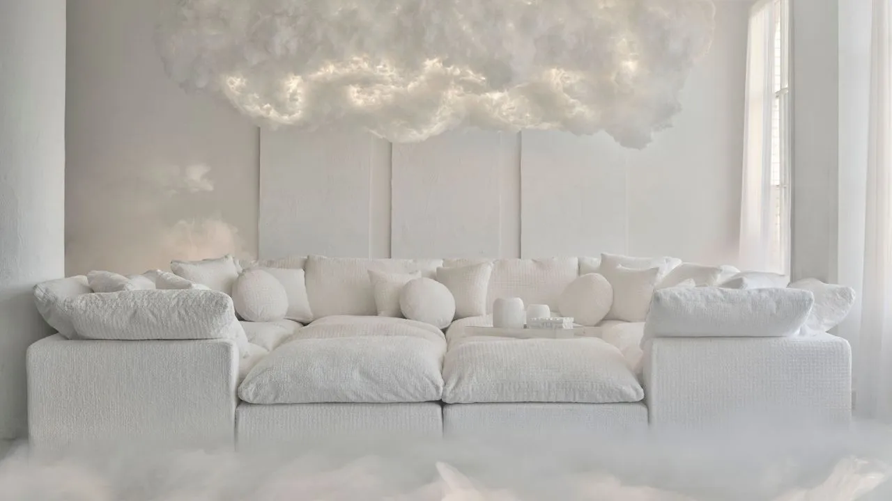 Das gepolsterte Modulsofa „Cloud Dancer“ aus der Pantone-Zusammenarbeit von Joybird, abgebildet in einem ähnlich schattierten, hell erleuchteten Wohnzimmer' loading='lazy' title=