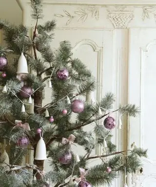 ライラックのつまらないものと本物のクリスマス ツリーのクローズ アップ