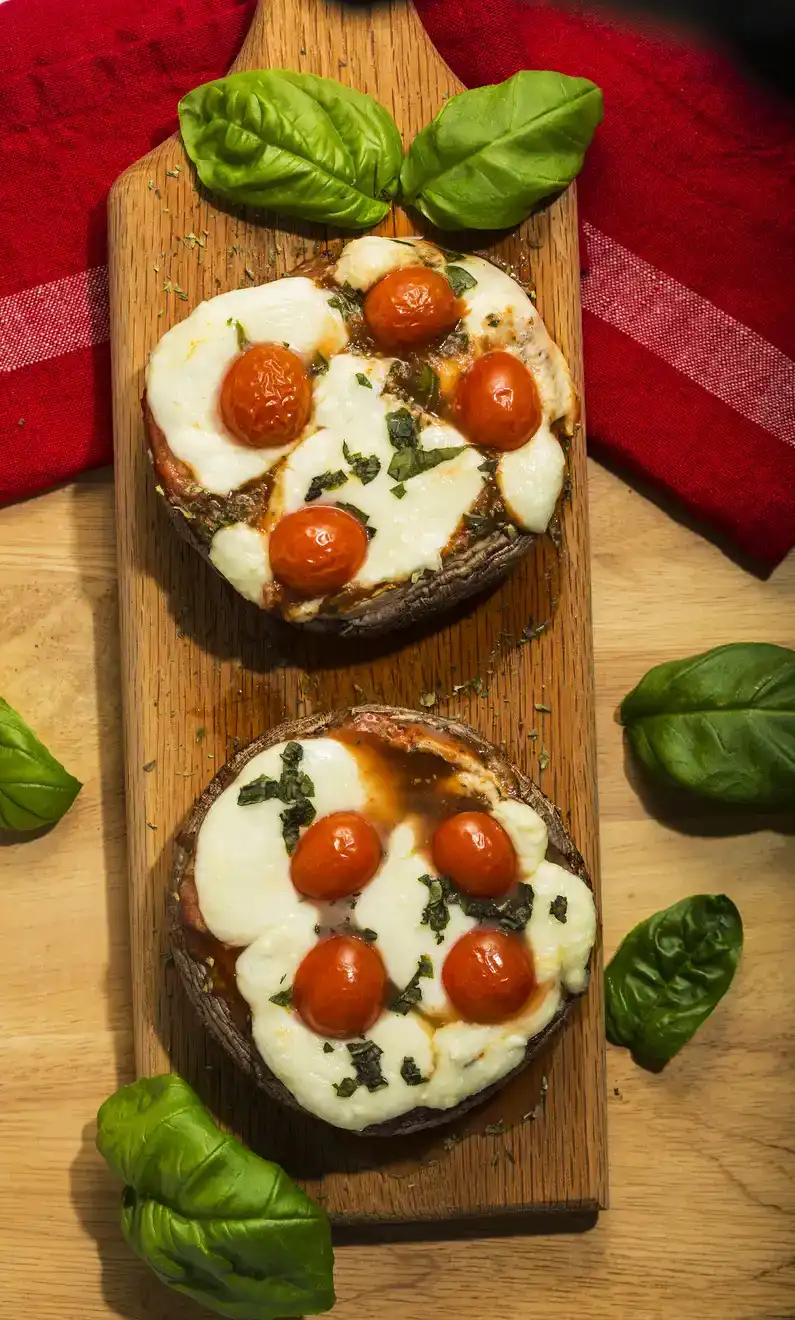 Homemade English muffin pizzas made with fresh mozzarella, oregano and basil