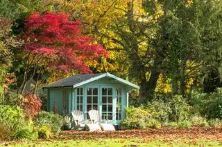 Cabane d'été et salon de jardin à l'ombre d'un érable japonais