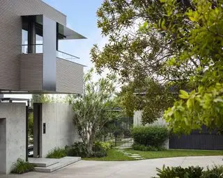 Ideias para canteiros de flores no jardim da frente em um quintal de concreto ao lado de um edifício modernista cinza.