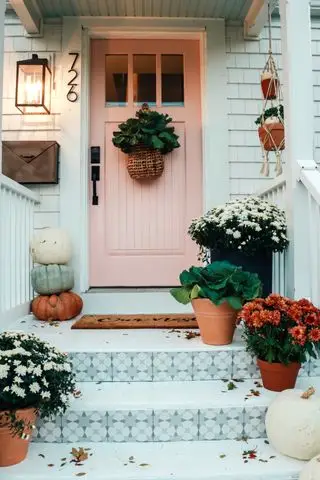 idées de décoration de façade d'automne, porte rose et panier suspendu