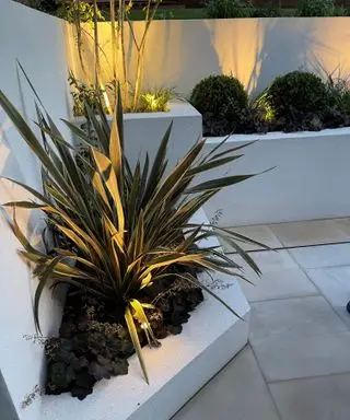 geneigter Hinterhof mit weiß verputzten Stützmauern