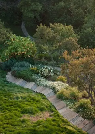 Ideen für einen abfallenden Hinterhof mit Holzstufen, die sich einen Grashügel mit großen Bäumen hinaufschlängeln.