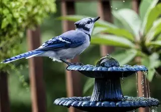 bain d'oiseaux avec fontaine dans le jardin avec geai bleu