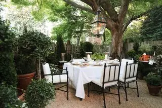 patio avec table à manger et grand arbre