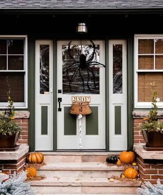 Pomysły na dekoracje drzwi na Halloween z dużym pająkiem nad drzwiami, sztuczną taśmą na drzwiach i bocznych oknach oraz dyniami na schodach