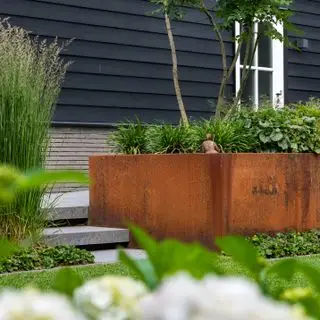 Jardinière en acier Corten avec plantes feuillagées