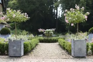 Jardinières de chaque côté de l’allée en gravier
