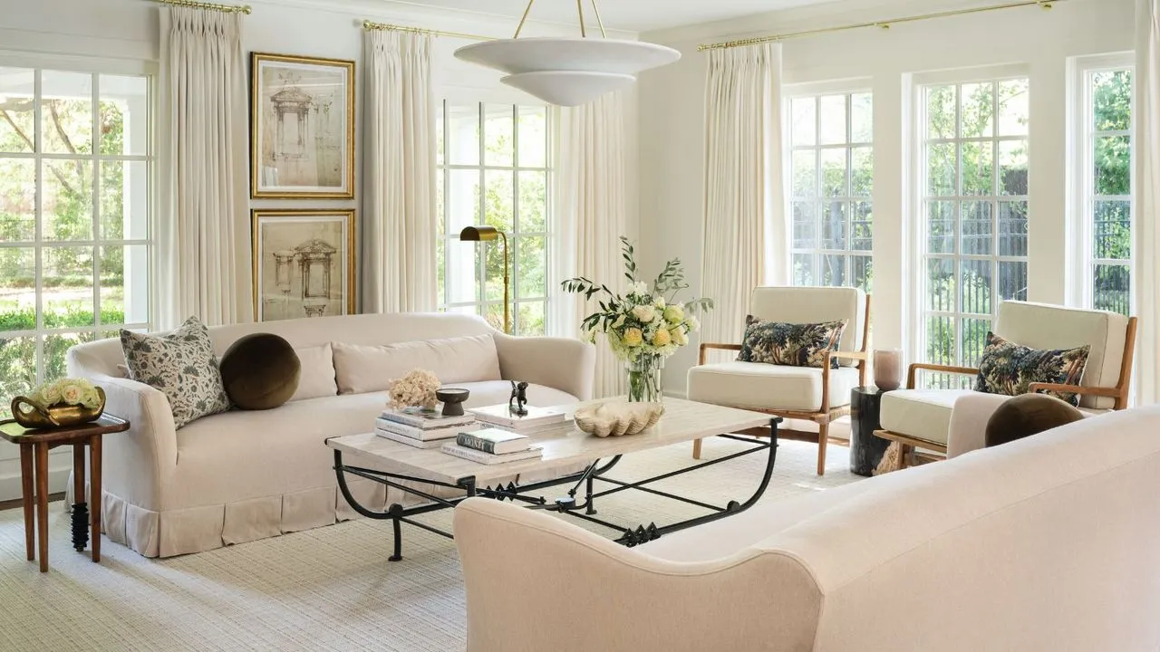 un caldo soggiorno minimalista con decorazioni neutre, un tavolino in ferro battuto, poltrone con cuscini stampati con foglie e un divano con gonna' loading='lazy' title=