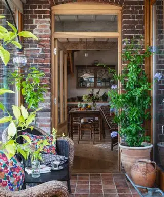 Se inn i et kjøkken gjennom en døråpning med en rekke potteplanter som fører opp til den