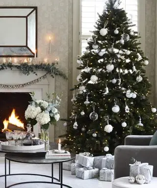 Véritable arbre dans un salon près d'une cheminée