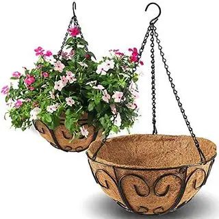 Lot de 2 paniers de jardinières suspendus en métal avec chaîne de doublure en fibre de coco, support rond pour plantes, pots de fleurs, décoration de jardin, porche, arrosage, paniers suspendus pour intérieur et extérieur (forme de papillon)