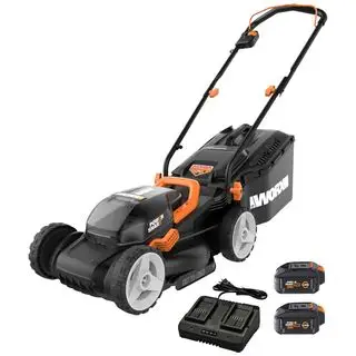 Une tondeuse à gazon Worx WG779 avec ses batteries et son chargeur