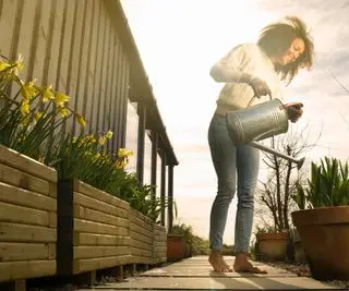 Une femme arrosant des plantes dans des conteneurs
