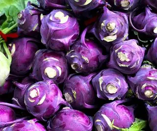 bulbes violets de chou-rave à la récolte avec les tiges enlevées