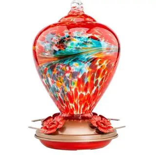 Krmítko pre kolibríky z červeného fúkaného skla