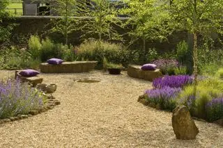 Jardin de gravier avec sièges rocheux et fleurs sauvages