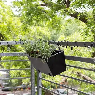 czarna metalowa donica na balustradzie balkonu