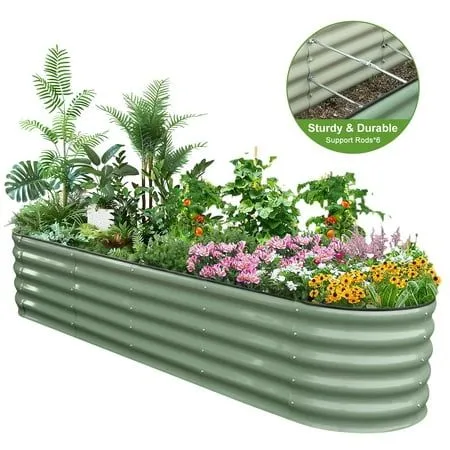 Hoofun 17 Canteiro de jardim elevado de metal alto 9 em 1 Kits de canteiro de jardim elevado de 8 pés x 2 pés para vegetais, flores, caixa oval para plantador externo com 6 barras de suporte - verde oliva' loading='lazy' title=