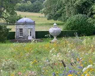 urna używana jako element przyciągający wzrok w ogrodzie w Kedleston, aby przyciągnąć wzrok do National Trust