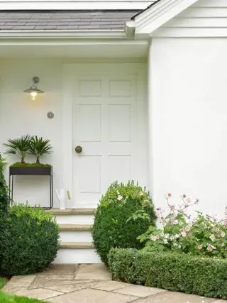 Dom s exteriérom v bielej farbe a bielymi prednými dverami, cestou k dverám a listami rastlín a kvetov