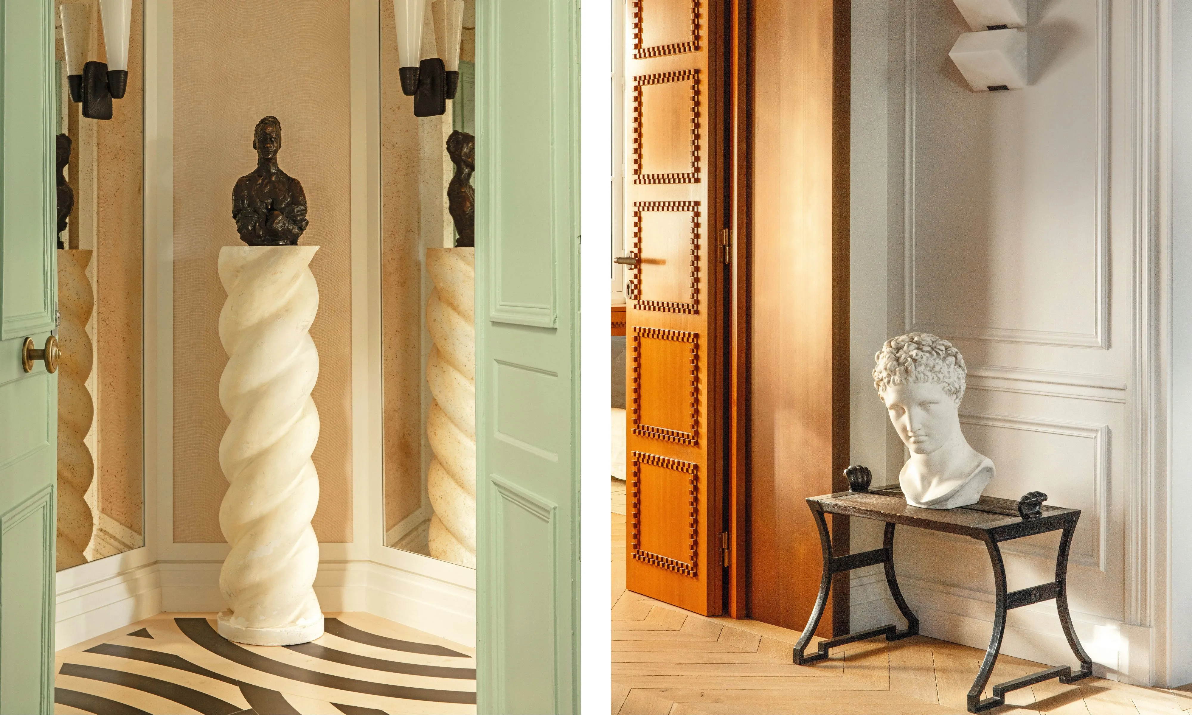 Venstre: En dekorativ hvit spiralsokkel som holder en bronsebyste plassert mellom speilpaneler og mintgrønne dører. Til høyre: En klassisk byste i hvit marmor hviler på en mørk utsmykket metallbenk i en gang med dekorative trepaneldører.' loading='lazy' title=