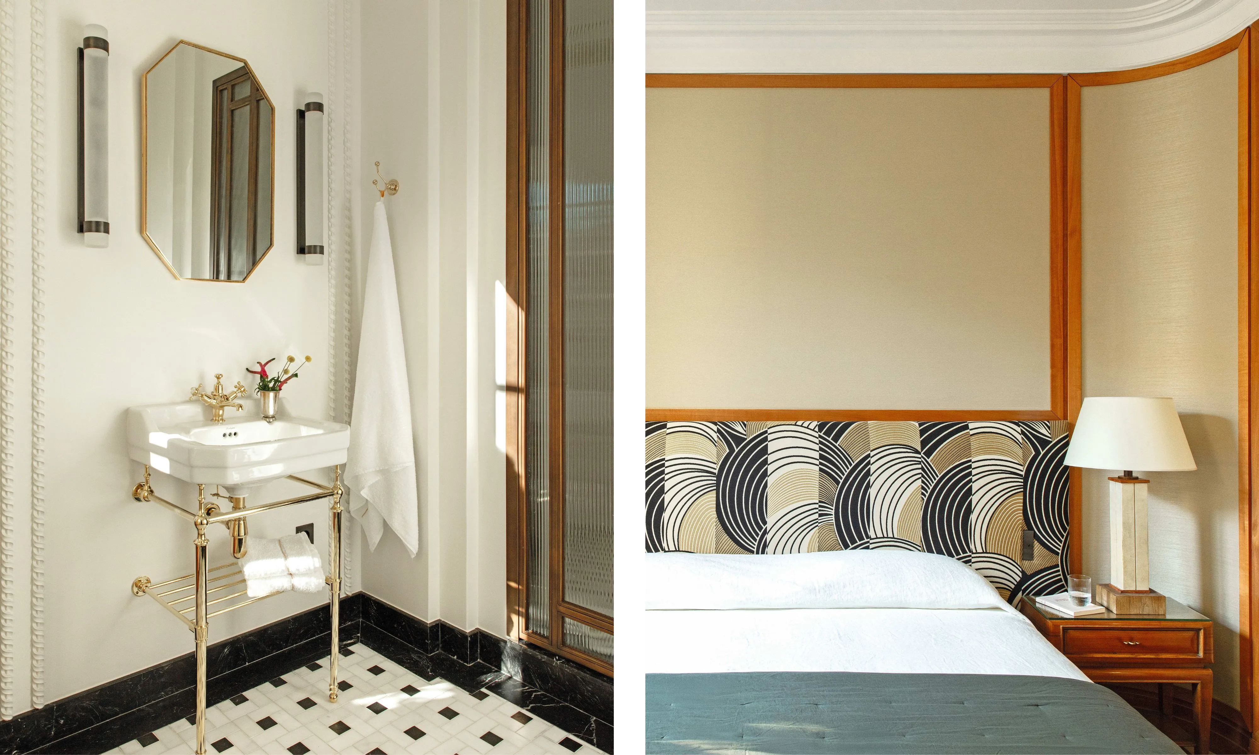 Til venstre: En klassisk sokkelservant med messingarmaturer mot hvite vegger og et svart-hvitt rutete gulv.Til høyre: En detaljert visning av et soverom med en mønstret art deco-hodegjerde i varmt trepanel og en nattbordslampe på stein.' loading='lazy' title=