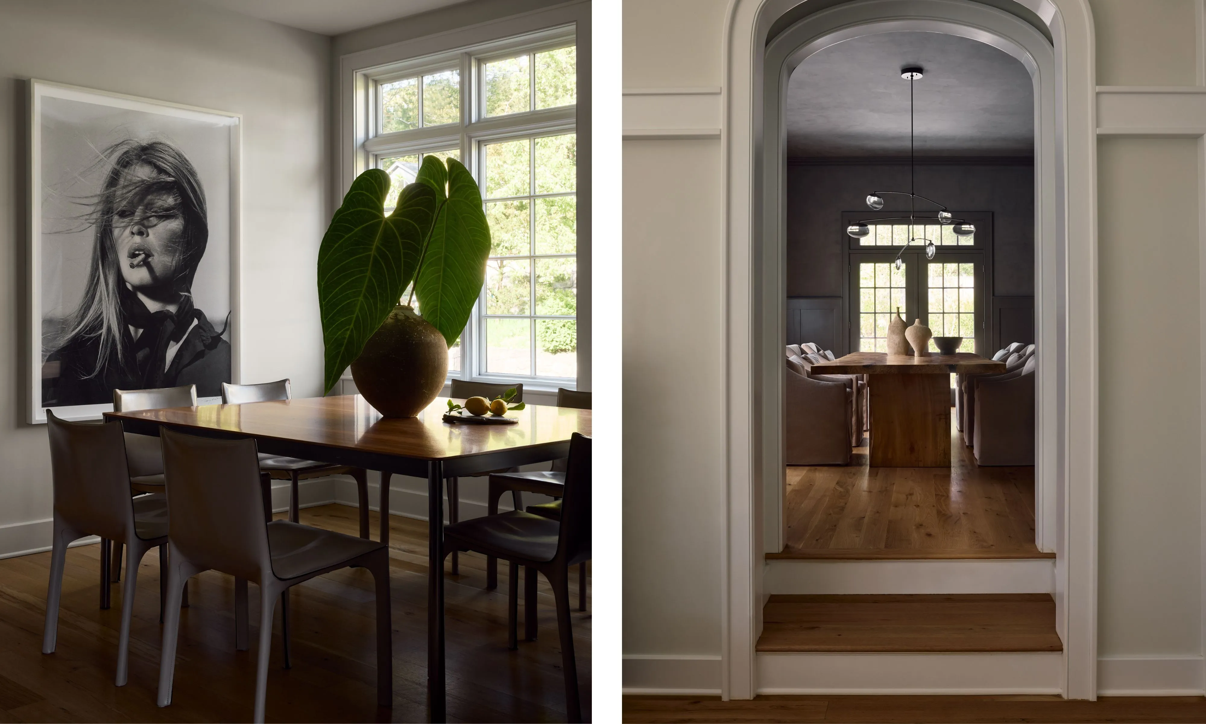 Deux images d'un espace salle à manger de cuisine avec une table à manger en bois et un grand imprimé, ainsi que le mur et la vue depuis une entrée donnant sur une salle à manger peinte en gris foncé' loading='lazy' title=
