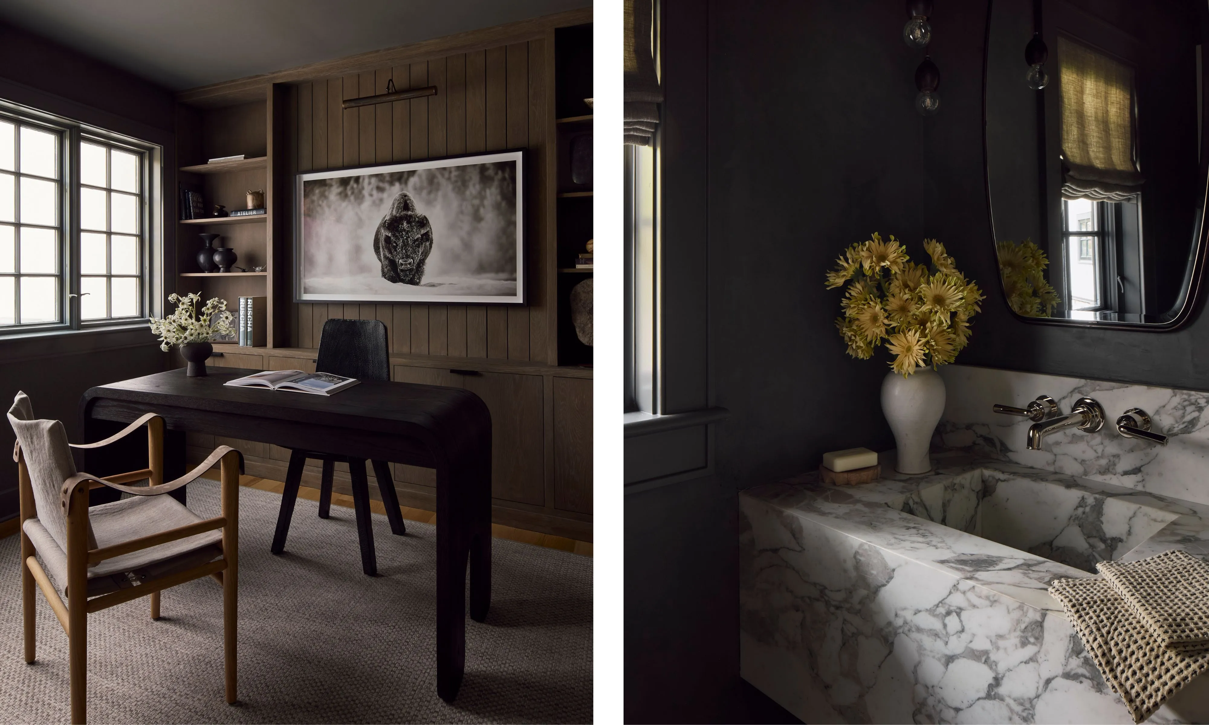 Image renversée d’un bureau à domicile et d’une salle d’eau. Le bureau à domicile a des murs en panneaux de bois et un plafond gris avec un bureau en bois et de grandes œuvres d'art derrière. La salle d'eau est peinte en gris foncé avec un lavabo en marbre et un miroir suspendu au-dessus.' loading='lazy' title=