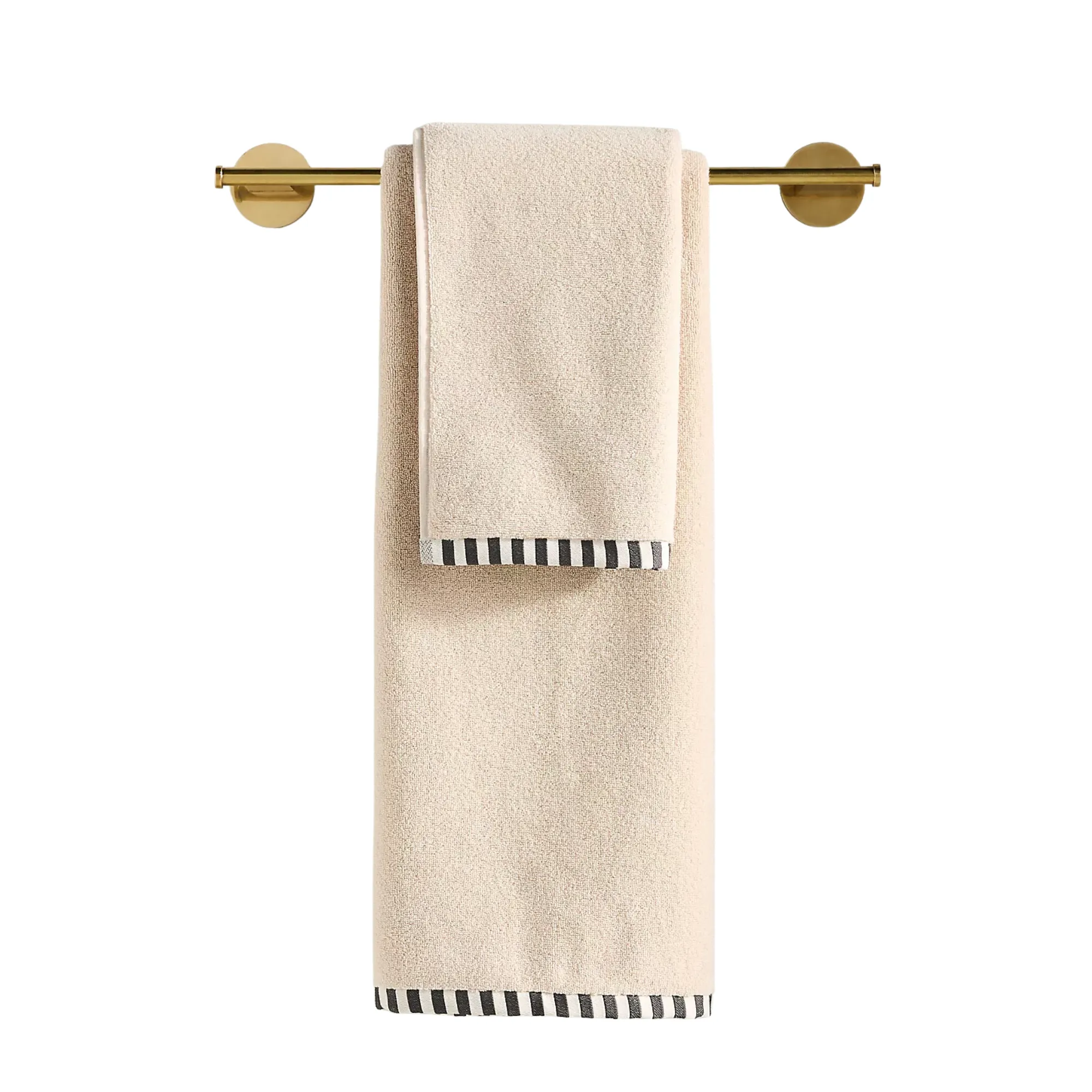 komplet dwóch ręczników w kolorze kremowym z czarno-białymi paskami na brzegach' loading='lazy' title=