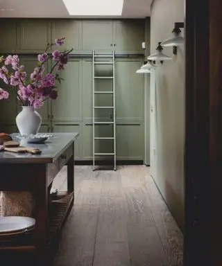 cuisine avec parquet et armoires vertes