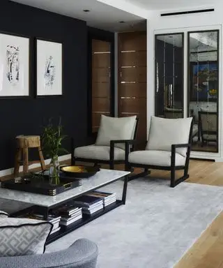 Pomysł na lustro w salonie z dwoma wysokimi, matowymi lustrami obok siebie