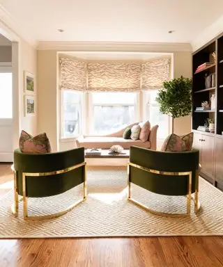 유럽풍 돌출형 창문을 향한 안락의자 2개, 창문 아래 소파 베드, 대형 러그가 있는 나무 바닥, 내장된 선반 유닛을 갖춘 현대적인 거실